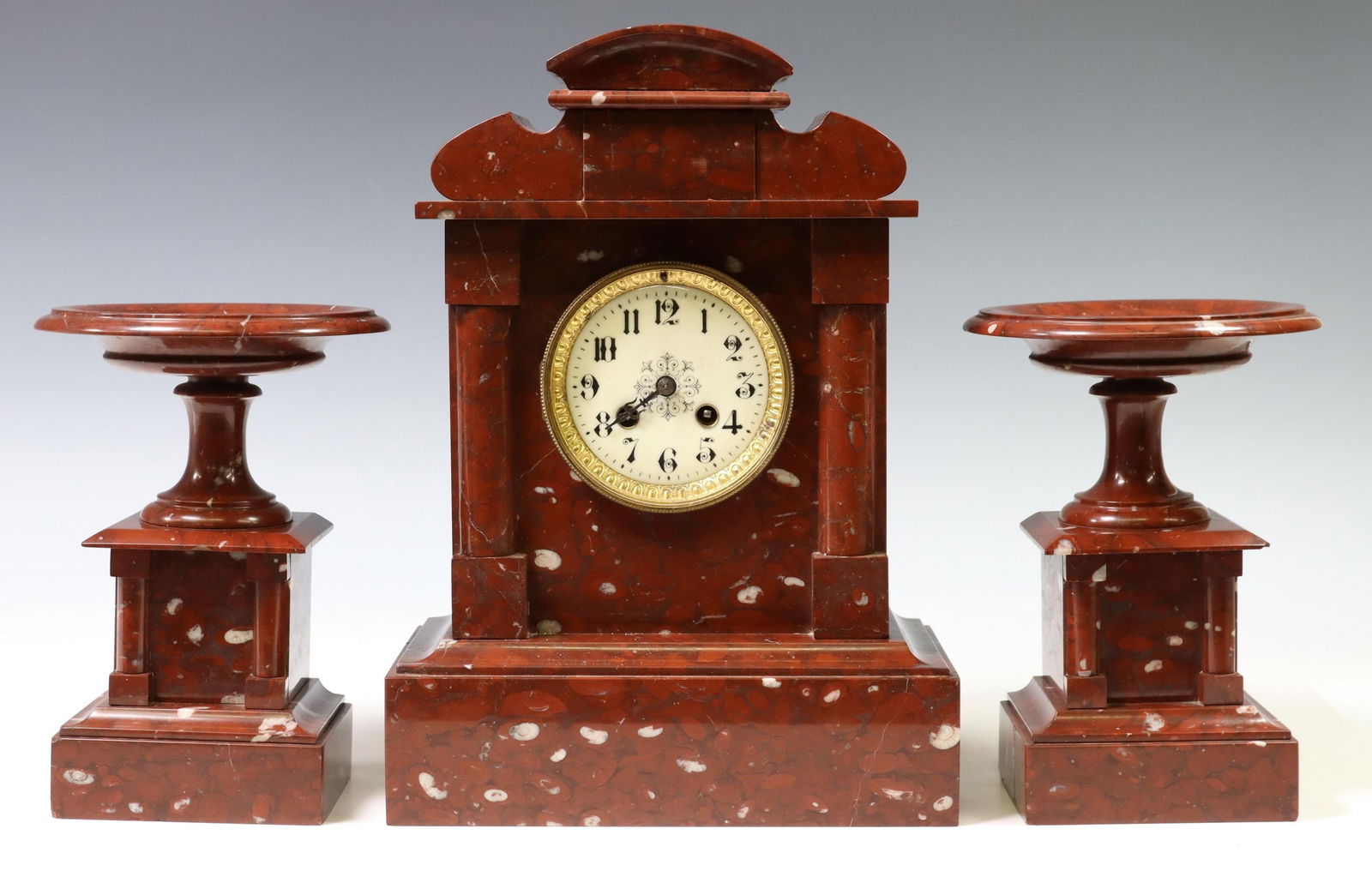 (3) FRENCH ROUGE MARBLE MANTEL CLOCK & GARNITURES (1 of 5)