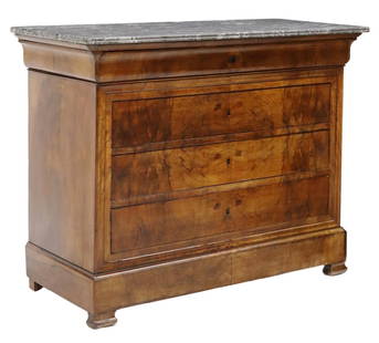 FRENCH LOUIS PHILIPPE MARBLE-TOP WALNUT COMMODE: French Louis Philippe period walnut commode, mid 19th c., having marble top, over four drawers, rising on bracket feet, approx 39"h, 49.25"w, 23 1/8"d Start Price: $400.00