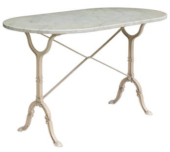FRENCH WHITE CAST IRON & MARBLE BISTRO TABLE: French cast iron and marble bistro table, 20th c., having oval marble top, rising on white-painted iron base, light discoloration to sealant on top, approx 27.75"h, 47.25"w, 25.5"d Start Price: $150.0