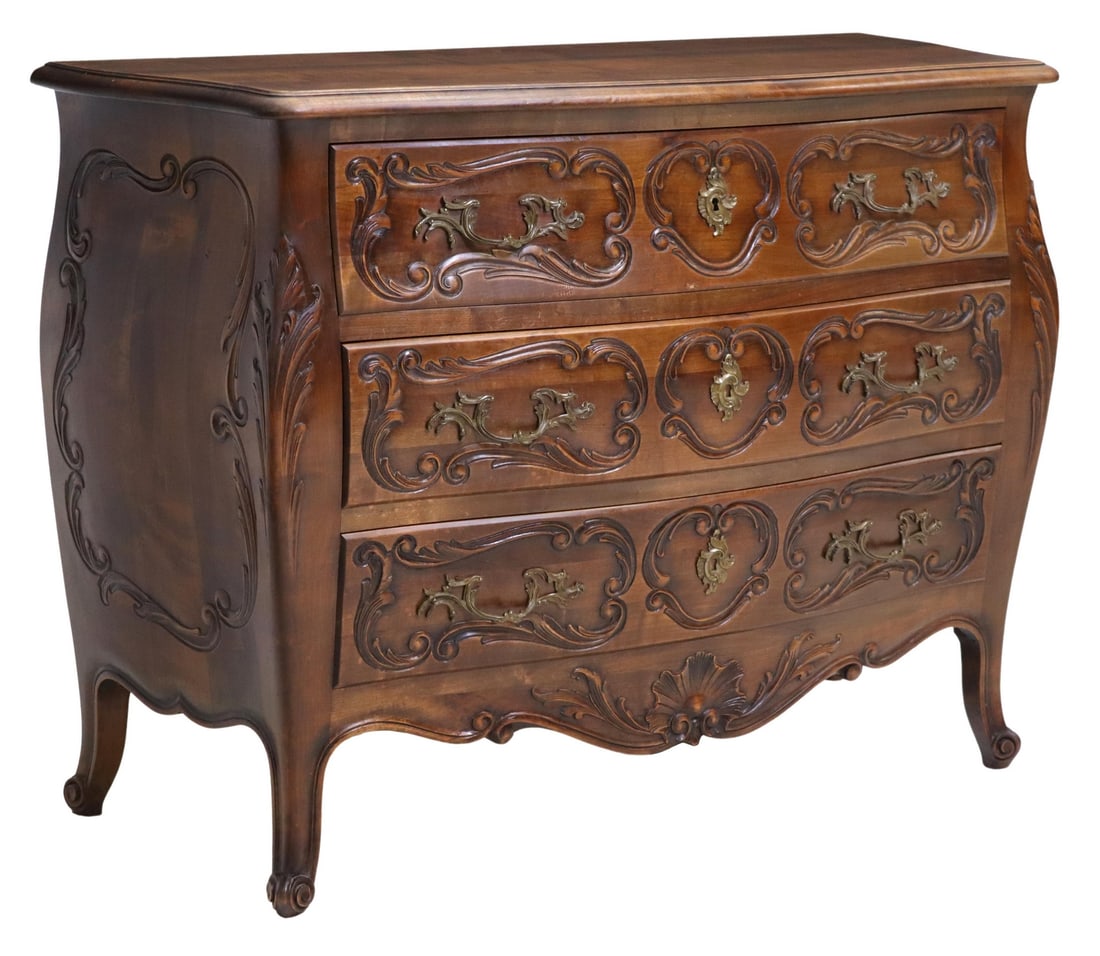 FRENCH LOUIS XV STYLE CARVED WALNUT COMMODE (1 of 5)