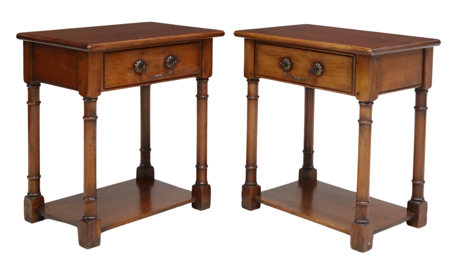 (2) FRENCH PROVINCIAL FRUITWOOD NIGHTSTANDS: (pair) French Provincial fruitwood nightstands, 20th c., having rectangular top, over one drawer, turned legs joined by lower shelf, approx 22.5"h, 20.75"w, 13.75"d Start Price: $150.00