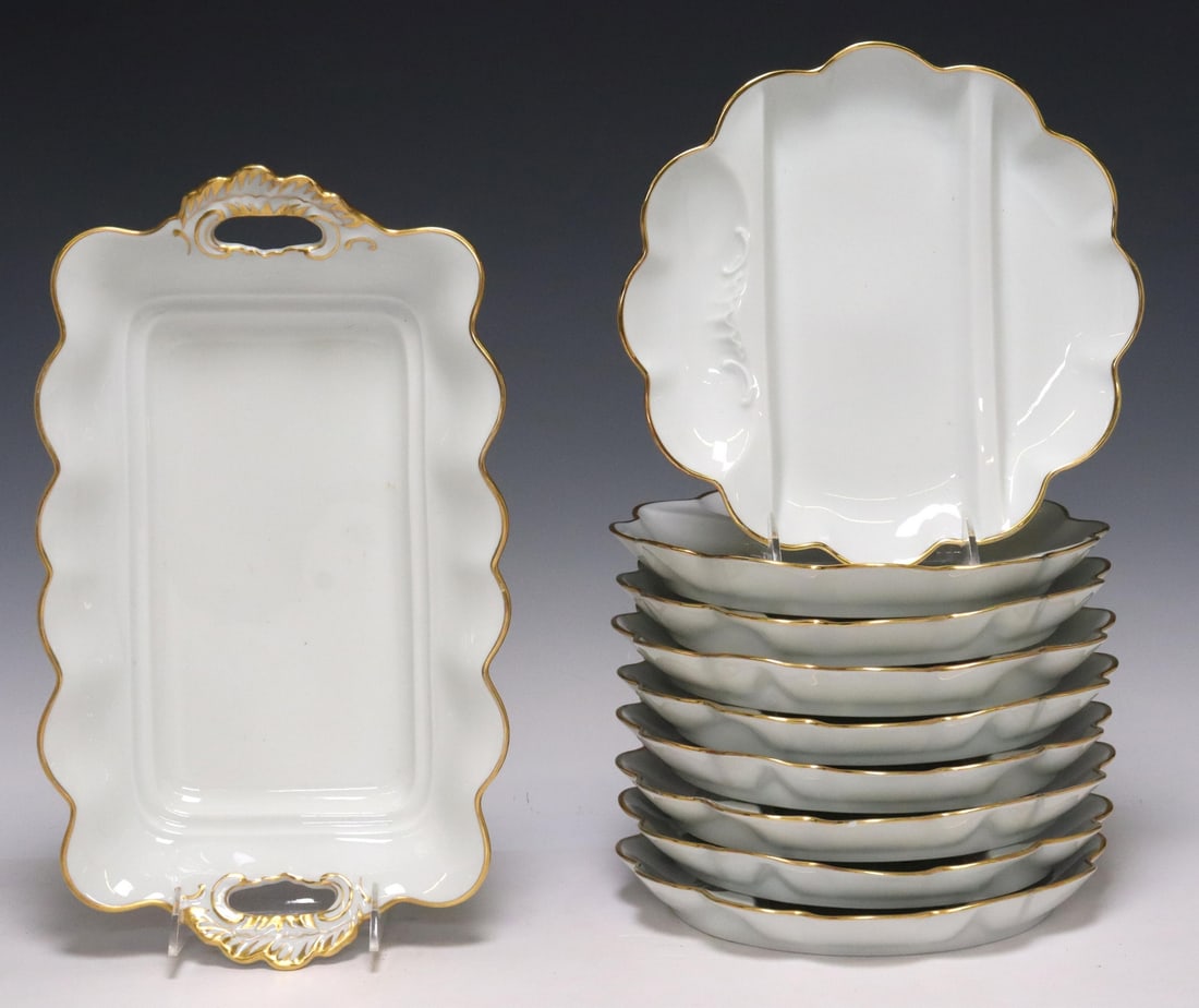 (10) LA FARGE LIMOGES PORCELAIN ASPARAGUS SERVICE: (lot of 10) French Limoges porcelain asparagus service, La Farge, having scalloped edge, with parcel gilt trim, maker's mark underfoot, including: (9) individual plates, approx 10"diam; (1) serving pl