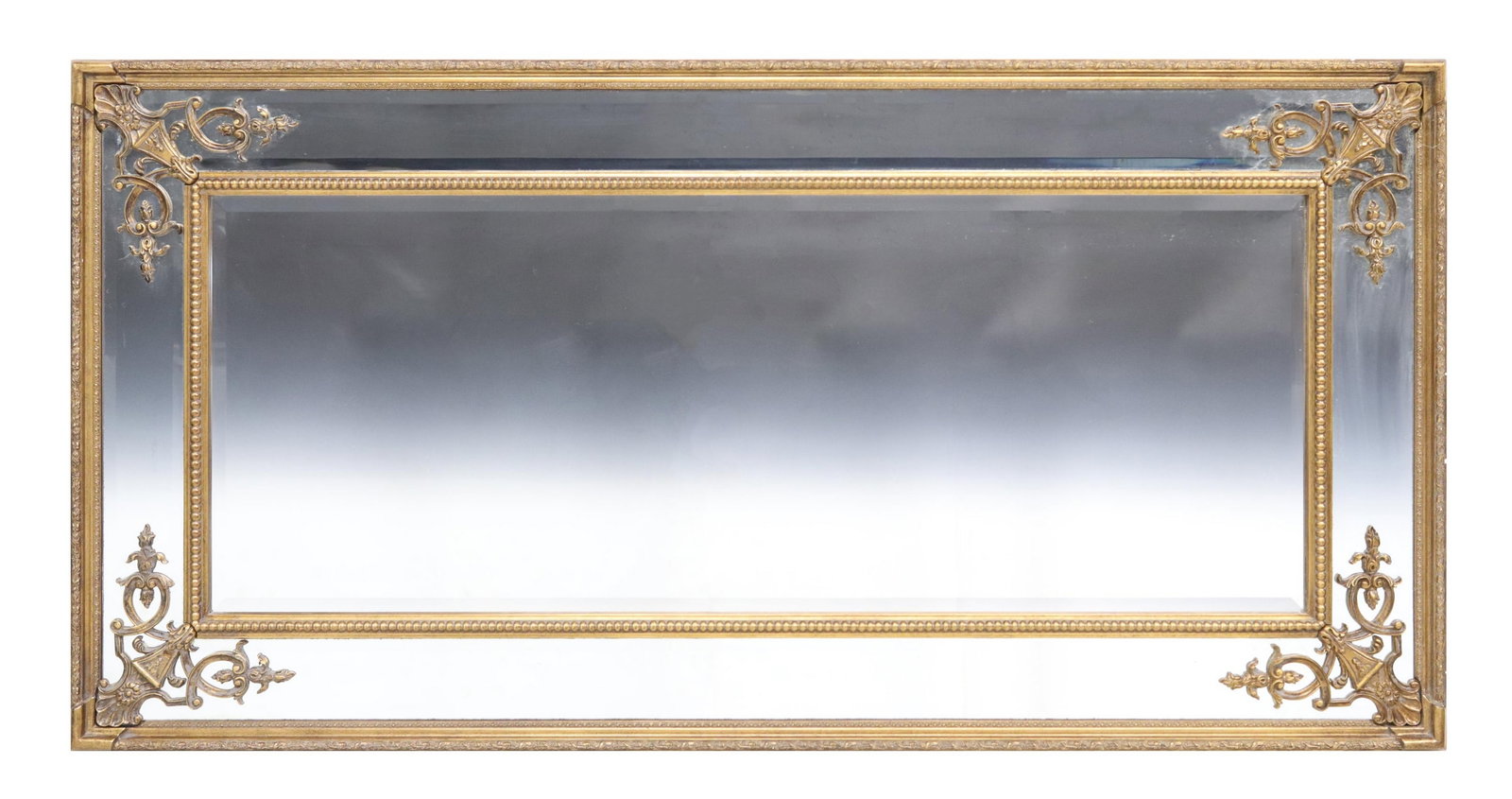 LOUIS XVI STYLE GILT PAINTED CUSHION WALL MIRROR: Louis XVI style gilt painted wall mirror, 20th c., having molded cushion frame, with beaded trim, encasing beveled mirror plate, approx 72"h, 36"w, 73lbs Start Price: $150.00