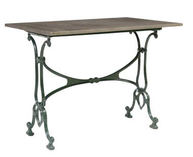 FRENCH GREEN CAST IRON & MARBLE BISTRO TABLE: French cast iron and marble bistro table, 20th c., having square marble top, rising on green painted iron base, approx 28 7/8"h, 39 3/8"w, 23 5/8"d Start Price: $100.00