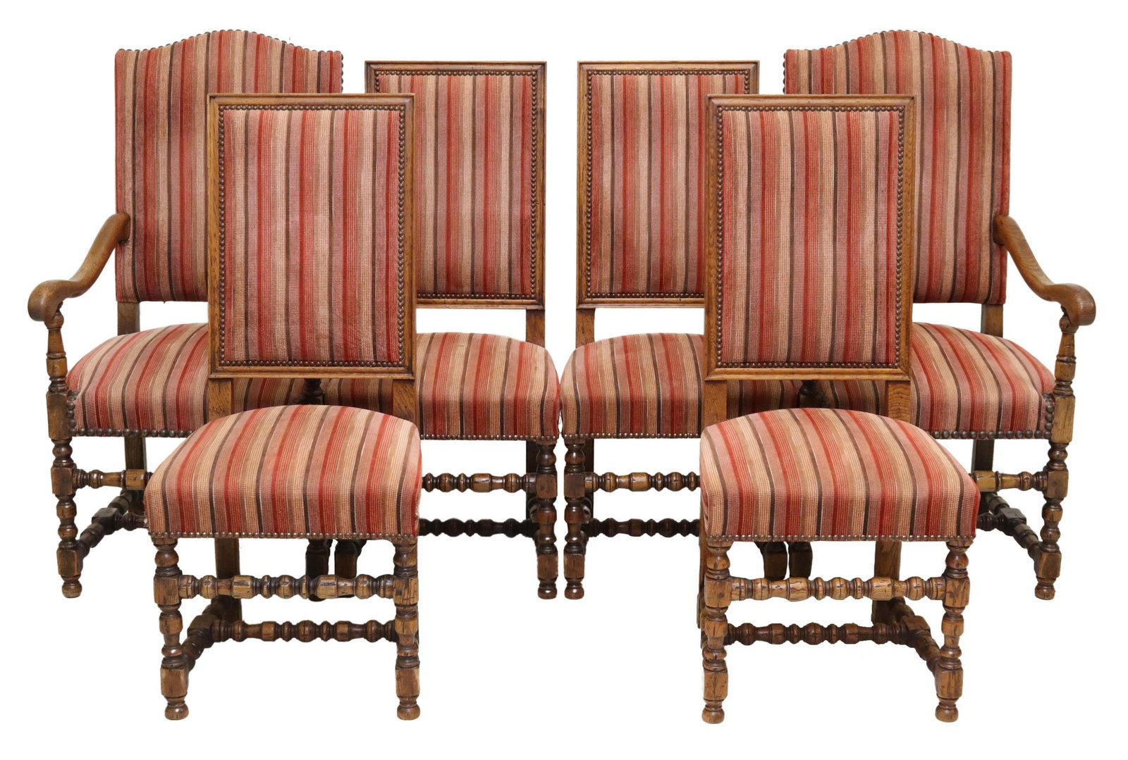 6) FRENCH LOUIS XIII STYLE FAUTEUILS & SIDE CHAIRS: (lot of 6) French Louis XIII style dining chairs, early 20th c., having striped upholstery, on turned legs joined by H and front stretchers, including: (2) armchairs, approx 44.5"h, 22.25"w, 24.75"d, 