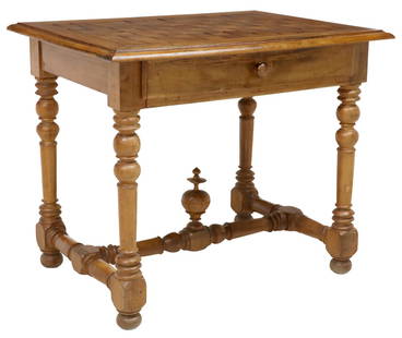 FRENCH WALNUT PARQUETRY-TOP WRITING TABLE: French walnut writing/ work table, late 19th c., the top with wood parquetry tiles, over a single drawer, on turned supports joined by H stretcher with centered finial, approx 29.5"h, 35"w, 26"d Start