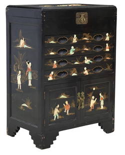 CHINESE LACQUERED & MOP ONLAID SILVER CHEST: Chinese silver chest, late 20th c., set with mother-of-pearl and polychromed appliques of figures, hinged top, four drawers, over double-door cabinet, on bracket feet, approx 31"h, 22"w, 14"d Start Pr