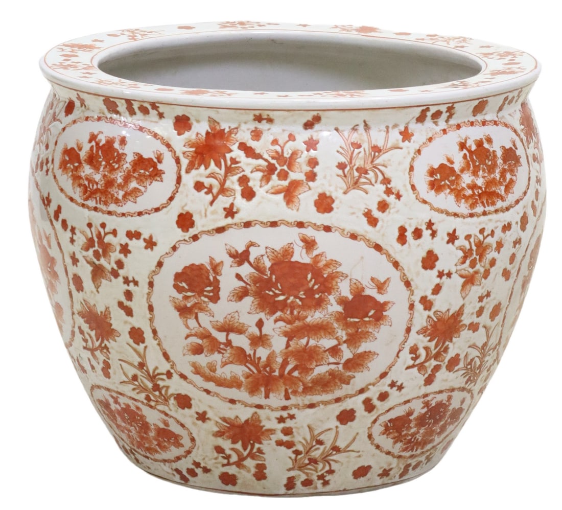 CHINESE PORCELAIN FISHBOWL PLANTER: Chinese porcelain fishbowl/ planter, late 20th c., decorated in iron red with floral motifs, interior with goldfish, marked underfoot Heline Porcelaine de Chine, base drilled with star fracture, appro