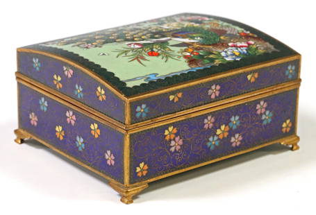 JAPANESE CLOISONNE ENAMEL PEACOCKS TABLE BOX: Japanese cloisonne enamel brass table box, having hinged lid with male and female peacocks, sides with scrollwork and floral motifs, opening to incised architectural motifs, sailboats, and snow-capped