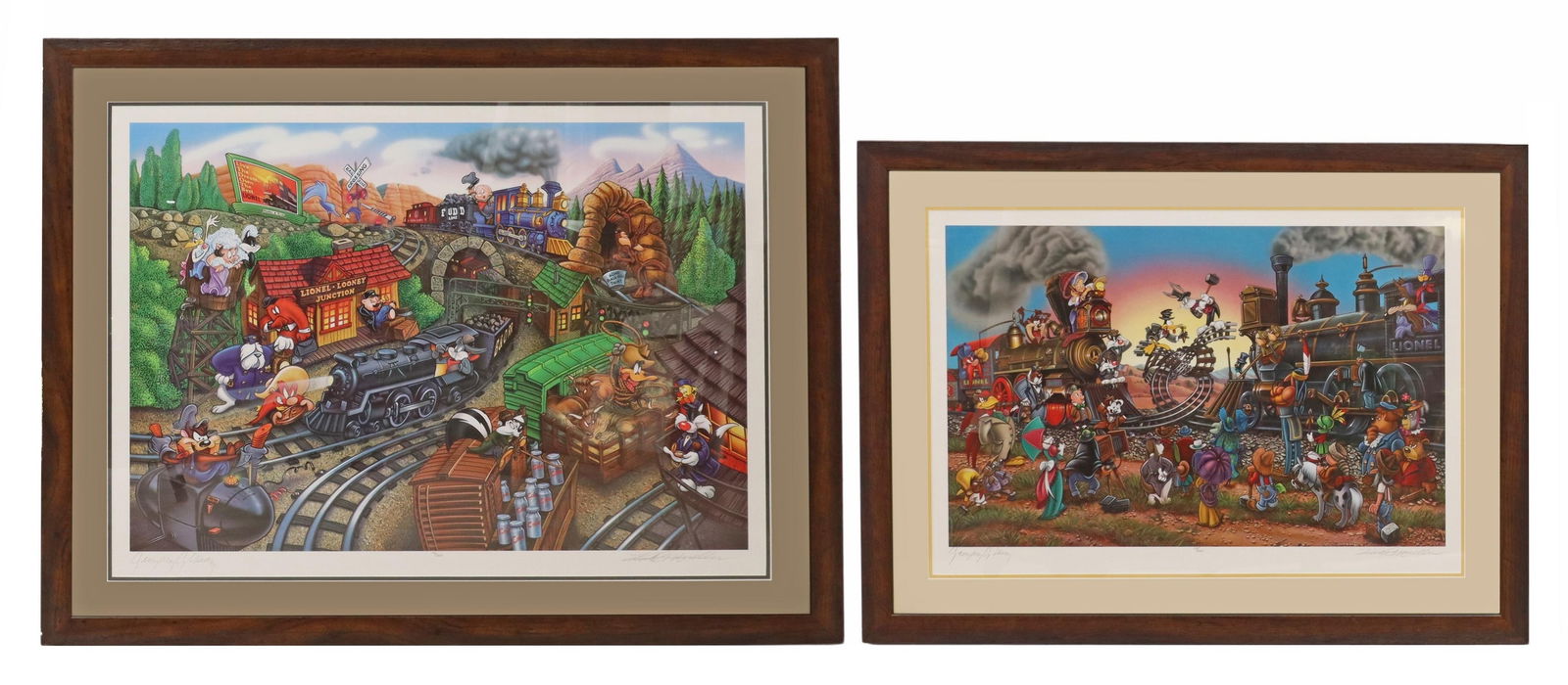 (2) WARNER BROS LOONEY TUNES & LIONEL TRAINS, COA: (lot of 2) Framed limited-edition prints on paper, signed by Kirk Mueller and Greg Wray, each accompanied by certificate of authenticity issued by Warner Bros. Studio Store Gallery, including: (1) "Lo