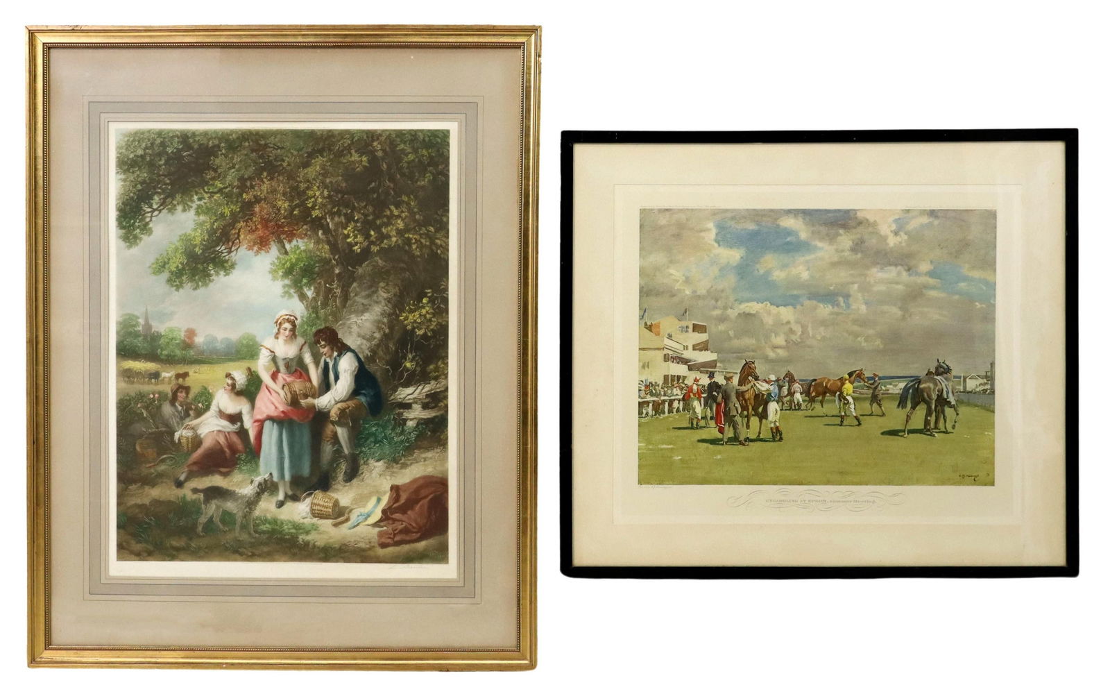 (2) FRAMED PRINTS AFTER WHEATLEY & MUNNINGS: (lot of 2) Framed prints on paper, including: (1) color mezzotint, "Harvest Dinner," signed lower right L. Busiere (Louis Busiere, French, 1880-1960), after Francis Wheatley RA (English, 1747-1801), p