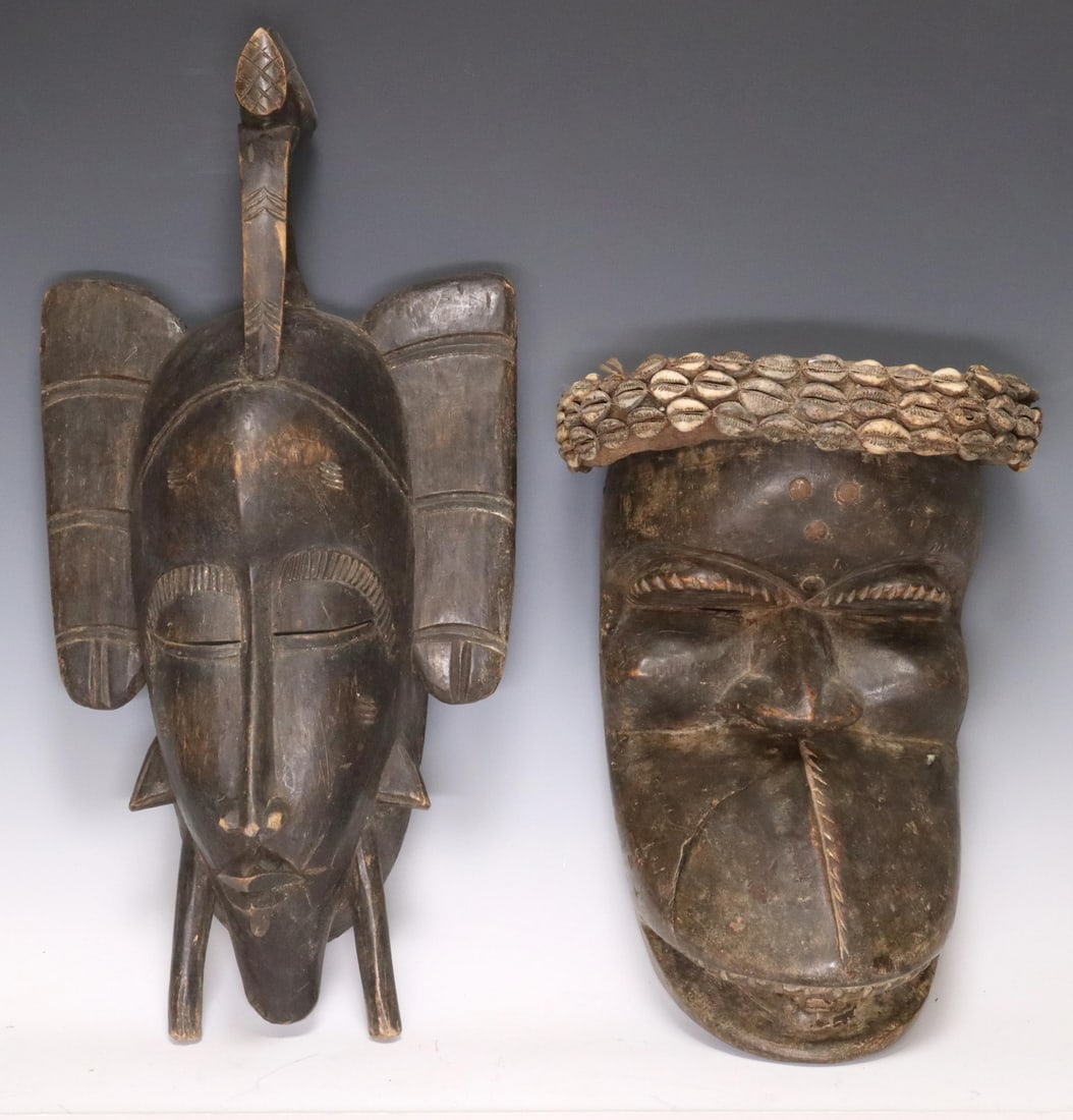 2) AFRICAN CARVED WOOD & COWRIE SHELL TRIBAL MASKS (1 of 2)