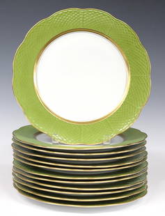 (12) HEREND 'HUBAY GREEN' PORCELAIN CHARGER PLATES: (lot of 12) Herend porcelain chargers, in the "Hubay Green" pattern, scalloped rim, border with embossed basket weave pattern, gilt trim, impressed number 527, approx 11 1/8"diam; 18lbs total Start Pr