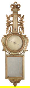 FRENCH LOUIS XVI PARCEL GILT & PAINTED BAROMETER: French Louis XVI parcel gilt and painted barometer, late 18th c., cartouche-shaped case with ribbon bow crest, Reaumur scale thermometer, painted circular barometer dial inscribed Carcany..., over the