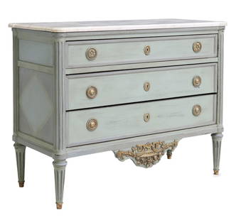 FRENCH LOUIS XVI STYLE MARBLE-TOP COMMODE: French Louis XVI style marble-top commode, early 20th c., case in a later painted finish, three drawers, fluted corner posts continuing to tapered legs, approx 33.75"h, 43"w, 19"d Start Price: $400.00