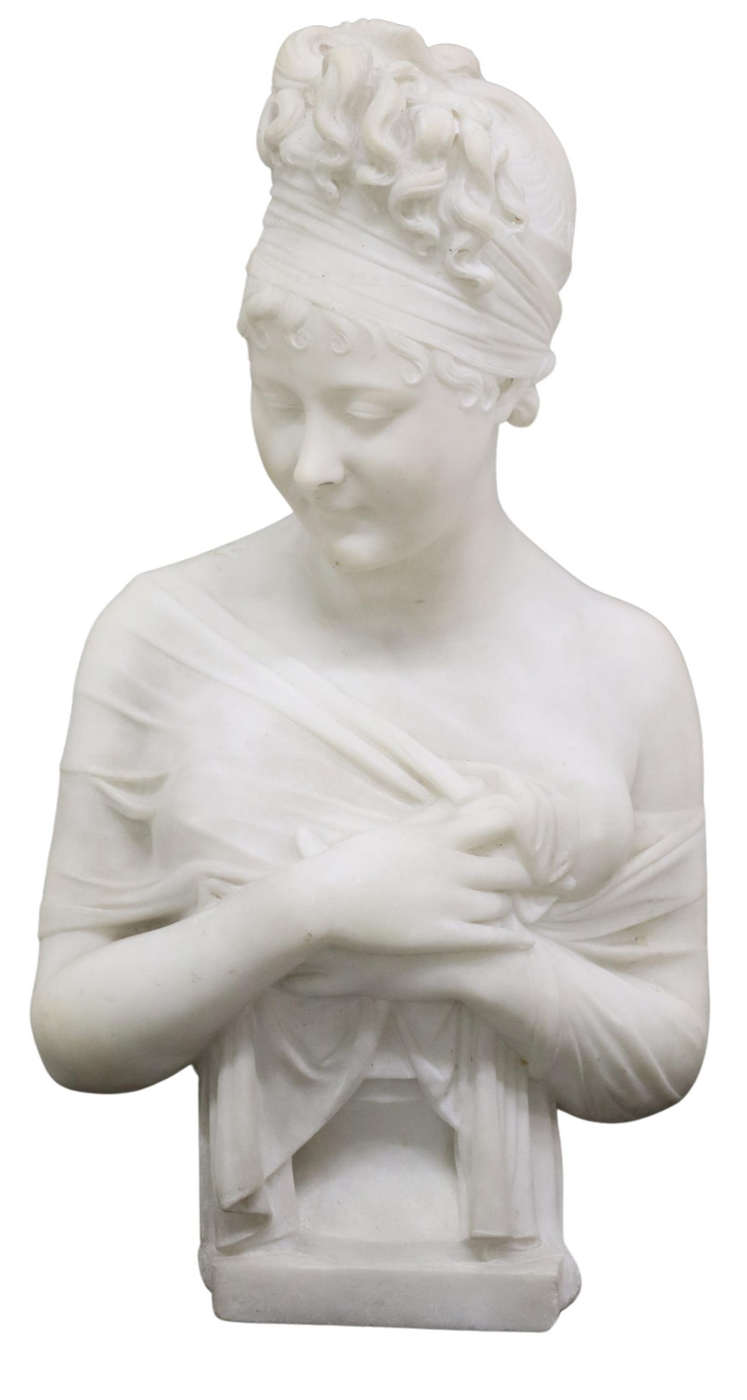 CARVED MARBLE BUST OF MADAME JULIETTE RECAMIER: Carved marble sculpture, Bust of Madame Juliette Recamier (French, 1777-1849), signed Houdon, after Jean-Antoine Houdon (French, 1741-1828), depicted holding a veil across her chest, on an integral so