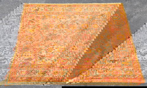 HAND-TIED TURKISH OUSHAK RUG, 9'8" X 9'4": Hand-tied Turkish Oushak rug, small loss to one corner, some repairs, pile loss, approx 9'8"l, 9'4"w **Please Note: All of the rugs offered in this auction would likely benefit from a professional cle
