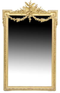 FRENCH LOUIS XVI STYLE GILTWOOD MIRROR: French Louis XVI style giltwood mirror, late 19th/early 20th c., having carved crest with birds, quiver, and torch, over floral swag and beveled mirror plate, approx 71"h, 44"w, 84.0lbs Start Price: $