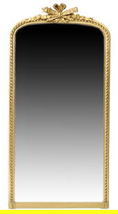 FRENCH LOUIS XVI STYLE GILTWOOD MIRROR: French Louis XVI style giltwood mirror, 20th c., having carved ribbon, torch, and quiver crest, over beveled mirror plate, approx 71.5"h, 36"w, 59.4lbs Start Price: $600.00
