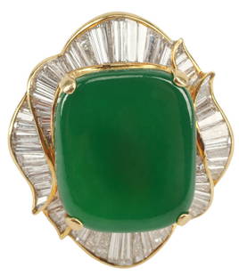 ESTATE 18K JADE & DIAMOND CONVERTIBLE PENDANT RING: Estate custom made 18kt yellow gold ring converting to a pendant, green jade tablet, approx 17.2 x 14.6 mm, July 17, 2023 Mason-Kay report stating natural jade with no impregnation, framed by round an