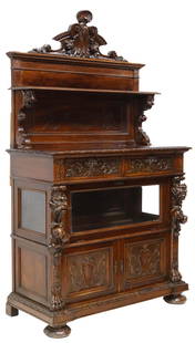 ITALIAN RENAISSANCE REVIVAL CARVED WALNUT SERVER: Italian Renaissance Revival walnut server, late 19th c., carved shell crest, paneled back with display shelf, lower case fitted with two drawers, fall-front vitrine cabinet with glazed door and side p