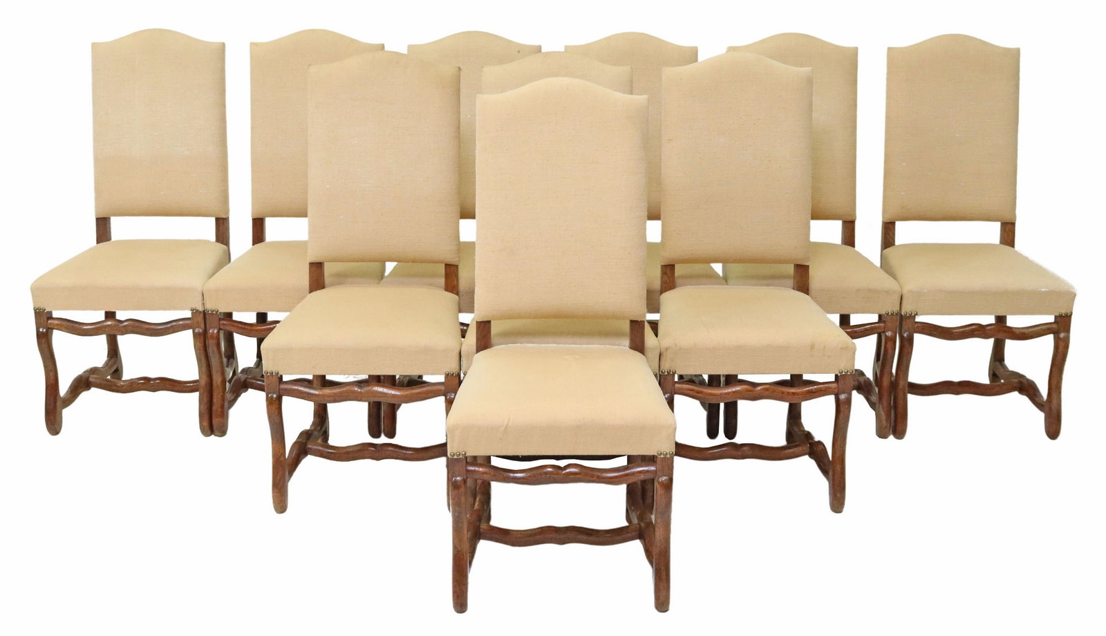 (10) FRENCH LOUIS XVI UPHOLSTERED SIDE CHAIRS: (lot of 10) French Louis XVI style side chairs, early 20th c., having high backs, in cream upholstery, rising on volute stretcher-joined legs, approx 42"h, 18.5"w, 18.25"d, seat: 18"h Start Price: $40