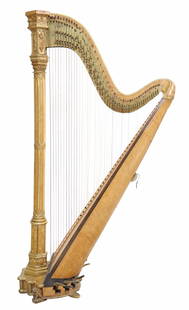 ERARD PARIS GILT-GESSO & MAPLE CONCERT PEDAL HARP: French Gothic Revival concert pedal harp, Erard, 13 Rue du Mail, Paris, serial number 3195, birdseye maple body and arm, spruce soundboard, column with applied gilt-gesso Gothic decoration, approx 70"