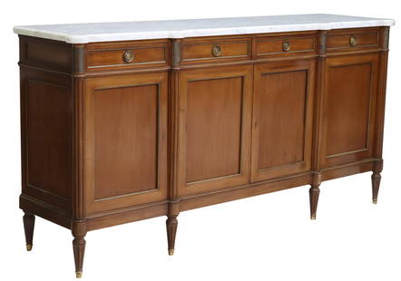 LOUIS XVI STYLE MARBLE-TOP MAHOGANY SIDEBOARD: French Louis XVI style marble-top mahogany sideboard, A. Meyssignac, Decorateur-Fabricant, 42 Faubourg Saint-Antoine, Paris, 20th c., four drawers, over four cabinet doors, interior shelves, on taperi