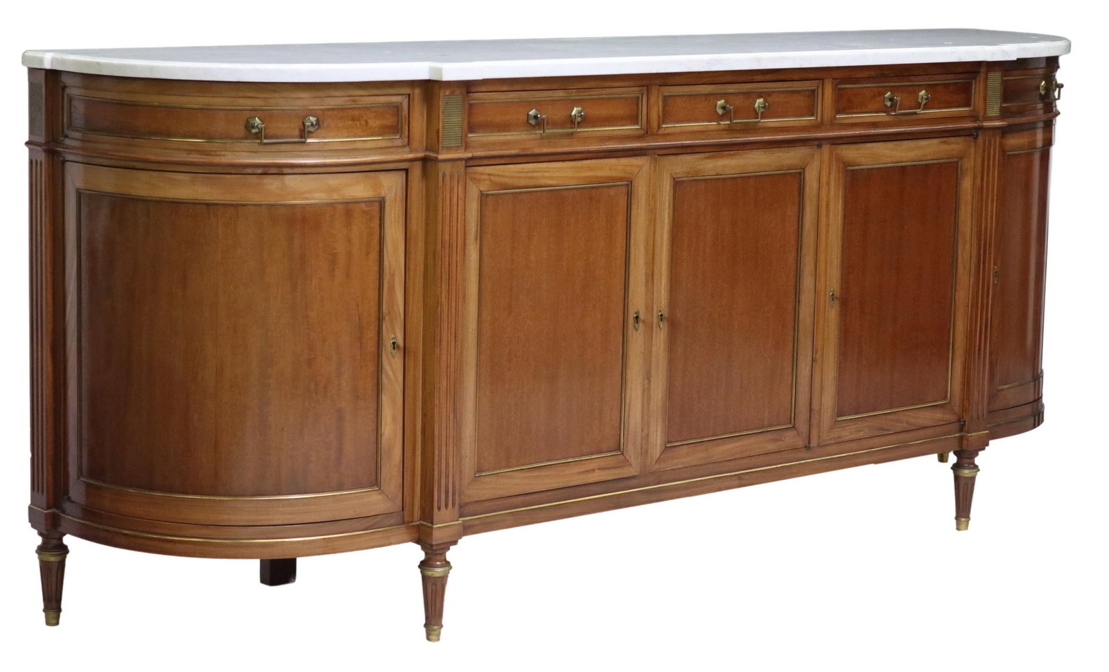 LOUIS XVI STYLE MARBLE-TOP MAHOGANY SIDEBOARD: French Louis XVI style marble-top sideboard, 20th c., mahogany case with curved ends, five drawers, over five cabinet doors, interior shelves, on tapering fluted legs, approx 41.5"h, 99.75"w, 22.5"d S