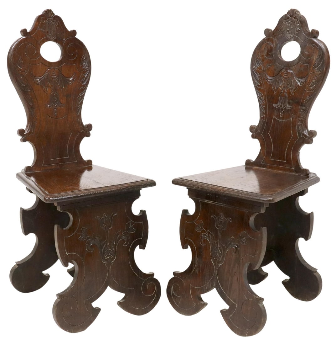 (2) ITALIAN RENAISSANCE REVIVAL OAK HALL CHAIRS (1 of 3)