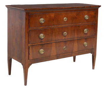 NEOCLASSICAL WALNUT THREE-DRAWER COMMODE: Neoclassical walnut commode, 19th c., having three drawers, rising on tapered legs, approx 39"h, 51.75"w, 21.75"d Start Price: $600.00