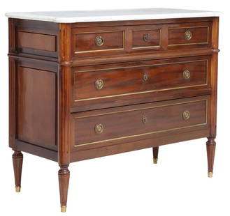 FRENCH LOUIS XVI STYLE MARBLE-TOP MAHOGANY COMMODE: French Louis XVI style marble-top mahogany commode, 20th c., three drawers, on tapering fluted legs, approx 33"h, 40"w, 18"d Start Price: $600.00