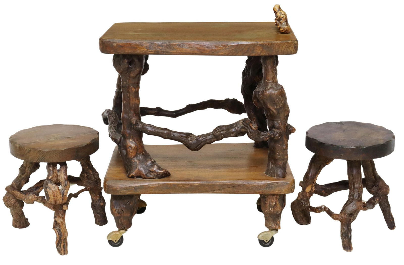 (3) RUSTIC TREE ROOT CART & STOOLS (1 of 6)
