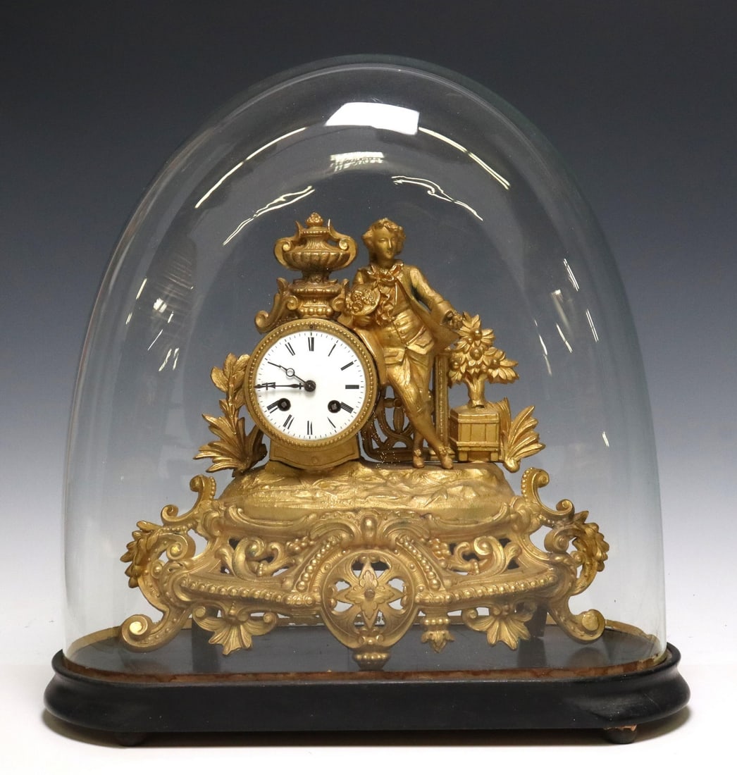 FRENCH GILT METAL FIGURAL CLOCK IN GLASS CLOCHE (1 of 6)