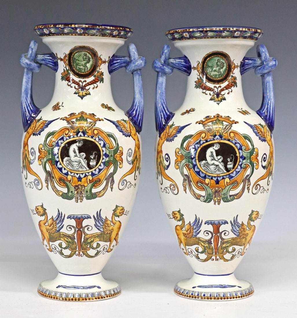 (2) FRENCH GIEN RENAISSANCE STYLE FAIENCE VASES (1 of 3)