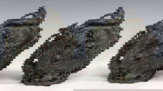 MAITLAND-SMITH BRONZE SQUIRREL & GRAPE URNS: (pair) Maitland-Smith patinated bronze urns, grapes and leaves encircling the body with squirrels perched on vinery, the foot formed by intertwining branches, approx 7"h, 7"w, 6.25"d; 10.75lbs total S