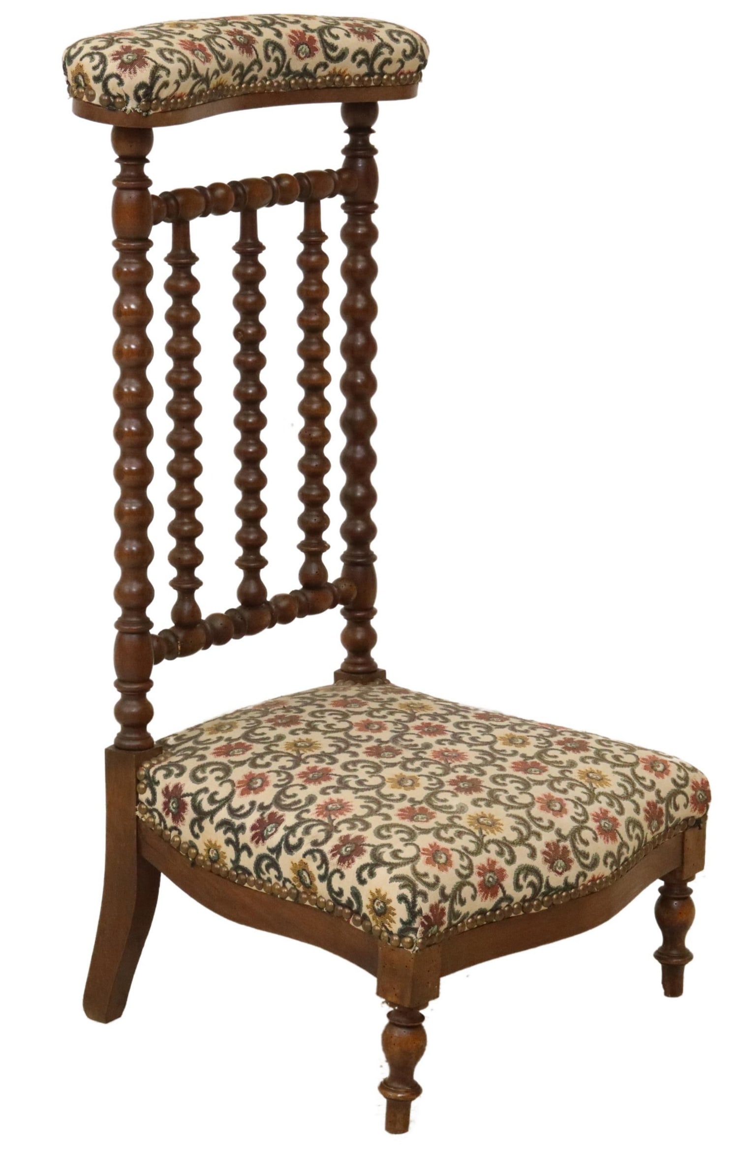 FRENCH BOBBIN TURNED PRIE-DIEU KNEELER, 19TH C.: French prie-dieu/ prayer kneeler, 19th c., padded top rail and seat, bobbin turned splat, on turned front legs, approx 34.5"h, 17.5"w, 17.5"d Start Price: $80.00
