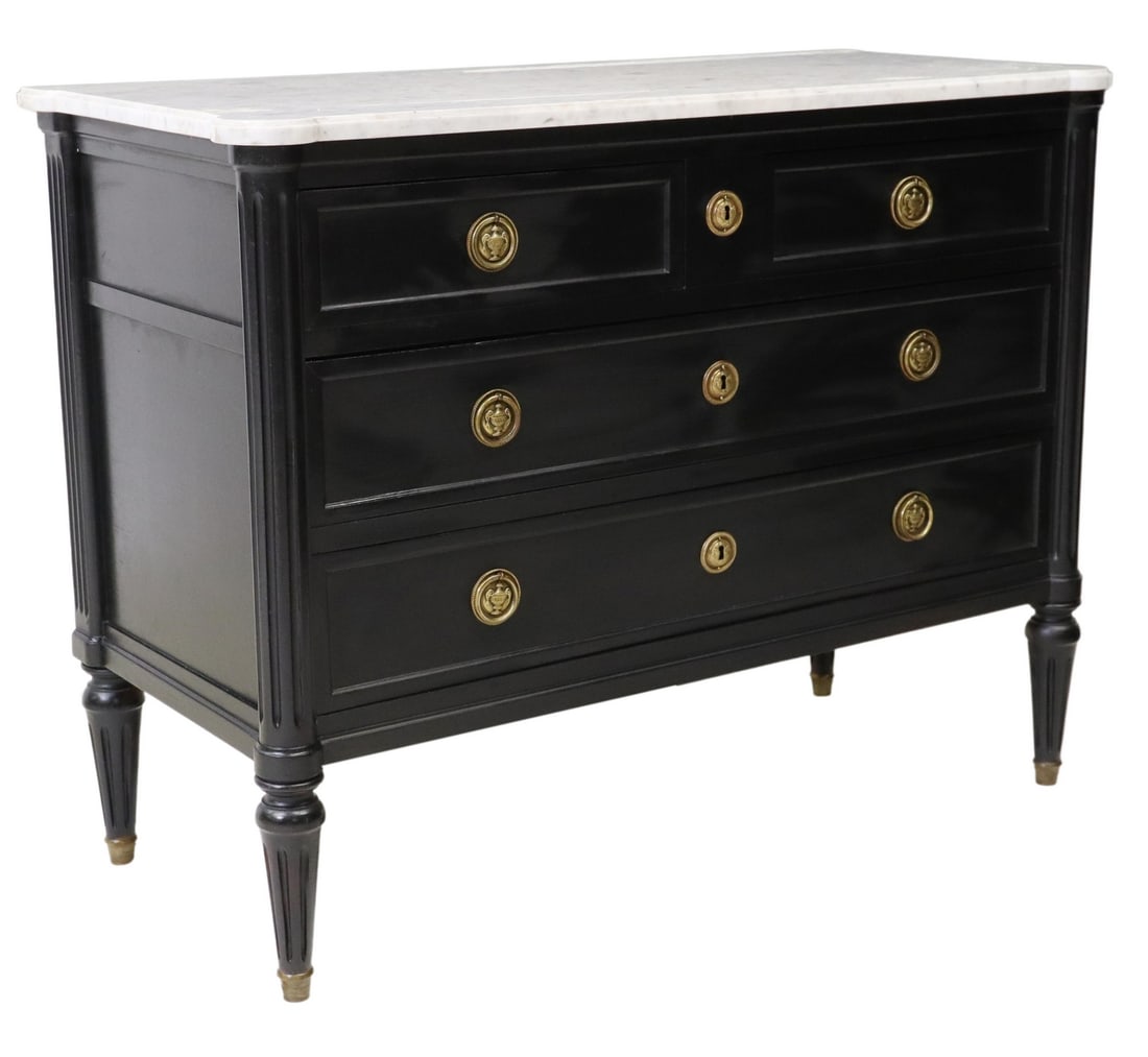 LOUIS XVI STYLE MARBLE-TOP BLACK PAINTED COMMODE (1 of 5)