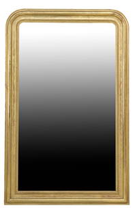 FRENCH LOUIS PHILIPPE PERIOD GILTWOOD MIRROR, 62"H: French Louis Philippe period giltwood wall mirror, mid 19th c., having arched frame with incised foliate motifs, beaded trim, encasing flat mirror plate, small areas of silver loss at lower edge of mi