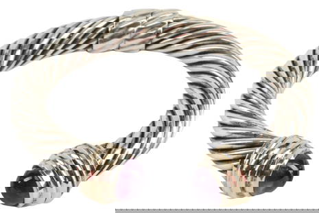 DAVID YURMAN AMETHYST CLASSIC CABLE BRACELET: Estate designer sterling silver and 14kt yellow gold hinged cable bracelet, David Yurman, with cabochon amethyst terminals, approx 5.5"l, 48 grams (inclusive of all materials) **NOTE: ALL JEWELRY & CO