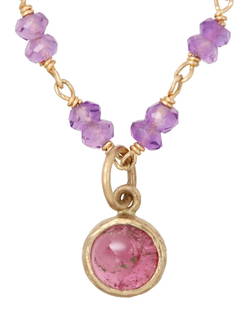 ESTATE PAGE SARGISSON PENDANT ON NECKLACE: Estate designer 10kt yellow gold necklace, Page Sargisson, cabochon tourmaline pendant, on wire wrapped chain with amethyst beaded stations, clasp hallmarked 10K, necklace: approx 16.5"l, 4.6 grams