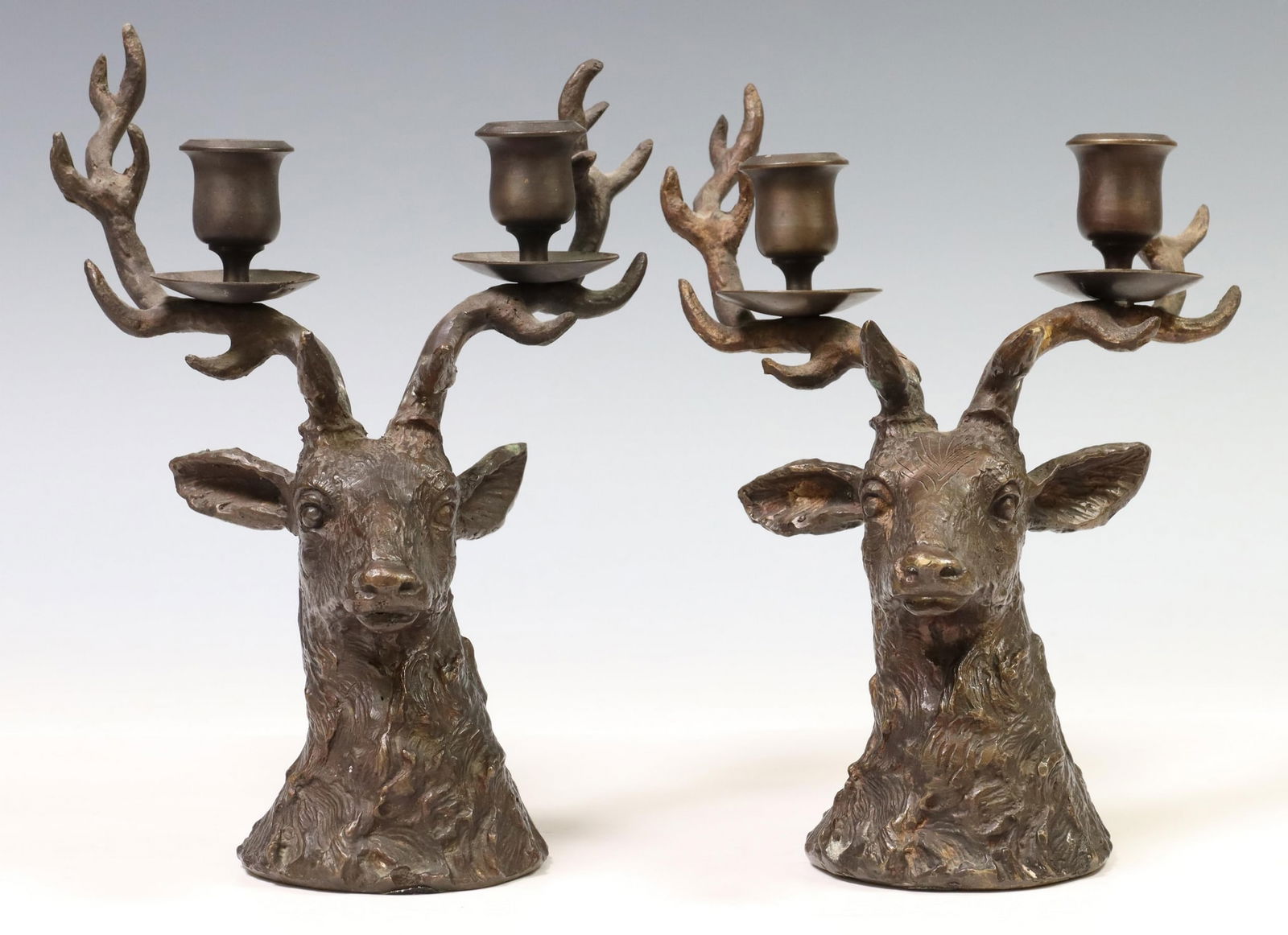(2) PATINATED BRONZE STAG TWO-LIGHT CANDLESTICKS (1 of 3)