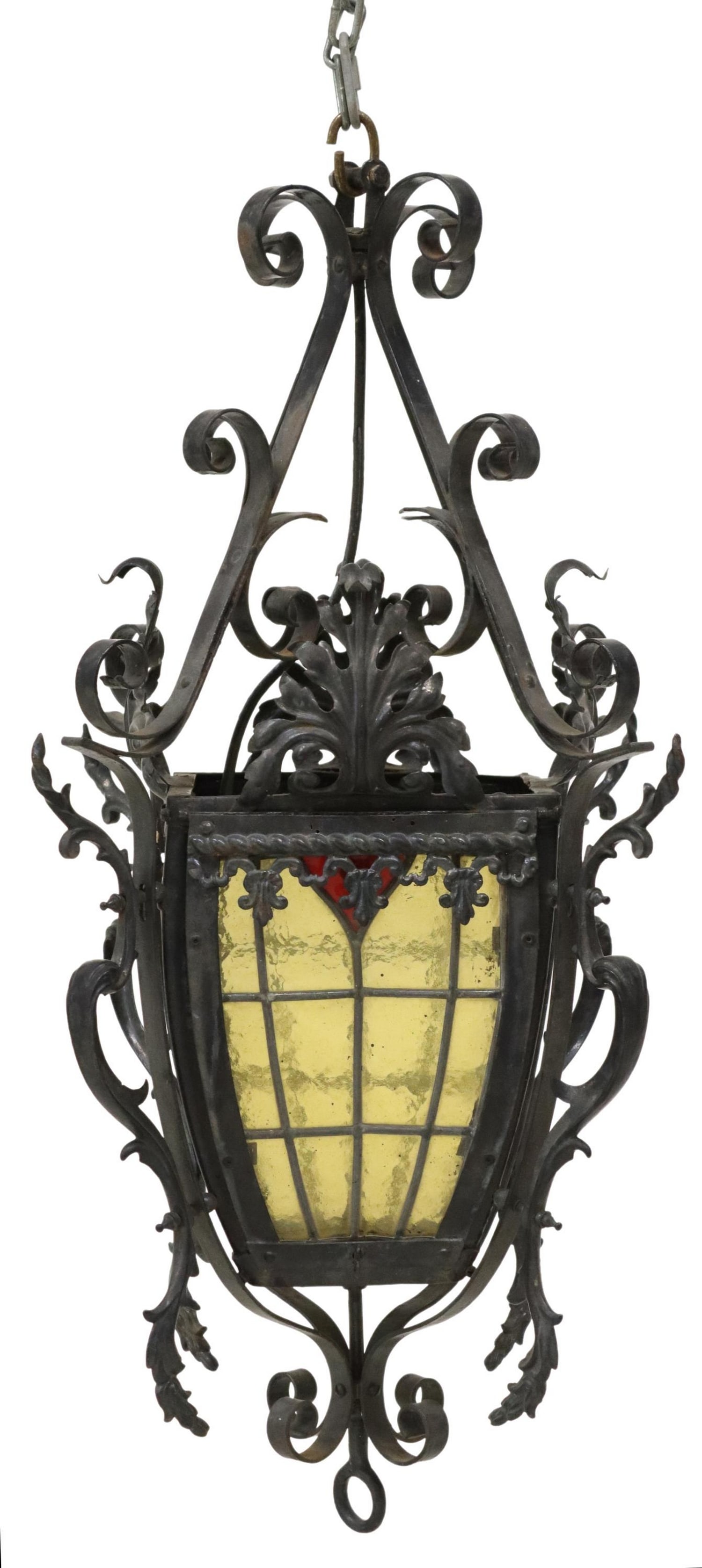 WROUGHT IRON & LEADED GLASS HANGING LANTERN (1 of 2)