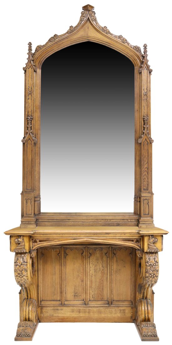 LARGE GOTHIC STYLE OAK MIRRORED CONSOLE TABLE (1 of 6)