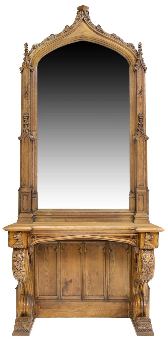 LARGE GOTHIC STYLE OAK MIRRORED CONSOLE TABLE (1 of 7)