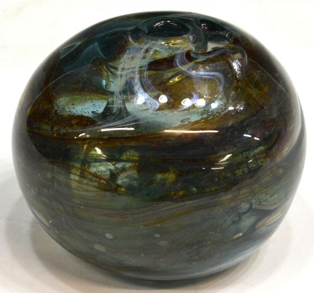 VINTAGE PETER BRAMHALL ART GLASS ORB, 1970: Peter Bramhall art glass orb, green body having swirling multi-color free form interior, signed and dated underfoot Bramhall 6/16/70 (Peter Bramhall, Vermont, b. 1942), 5.5"h, 4.5lbs Start Price: $50.