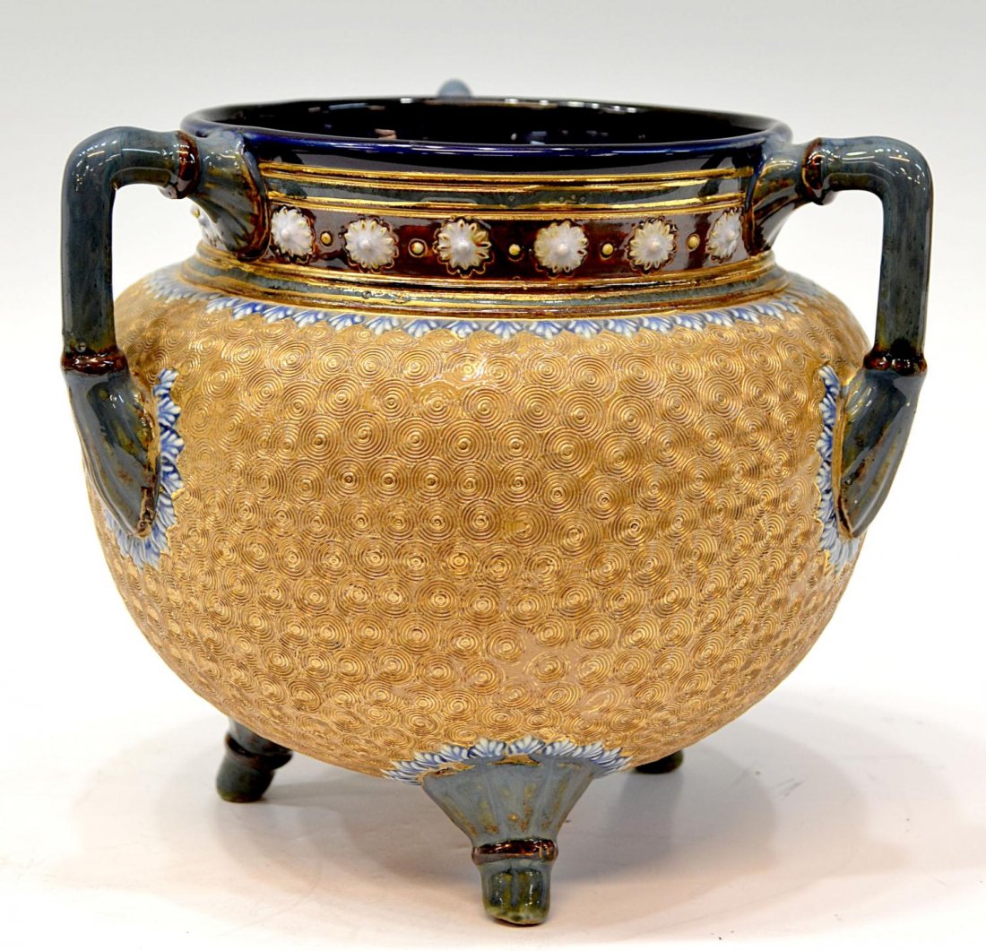 ROYAL DOULTON ETHEL BEARD GILT CIRCLE CAULDRON: form vase, early 20th c. Ethel Beard, having relief moulded decoration onto a 'gilt circle' ground, raised on three short legs, impressed marks as pictured, incised EB interior side pot, approx 7"h, 7