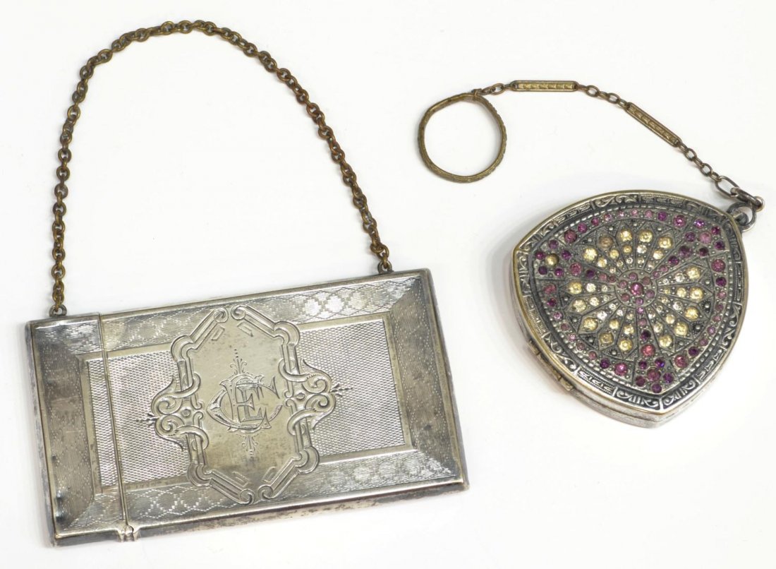 ALBERT COLES COIN SILVER CASE & ART DECO COMPACT: (lot of 2) An American coin silver calling card case, Albert Coles, New York (active c. 1835-1875), delicate pattern overall with central monogrammed cartouche, small chain strap, hallmarked with bird