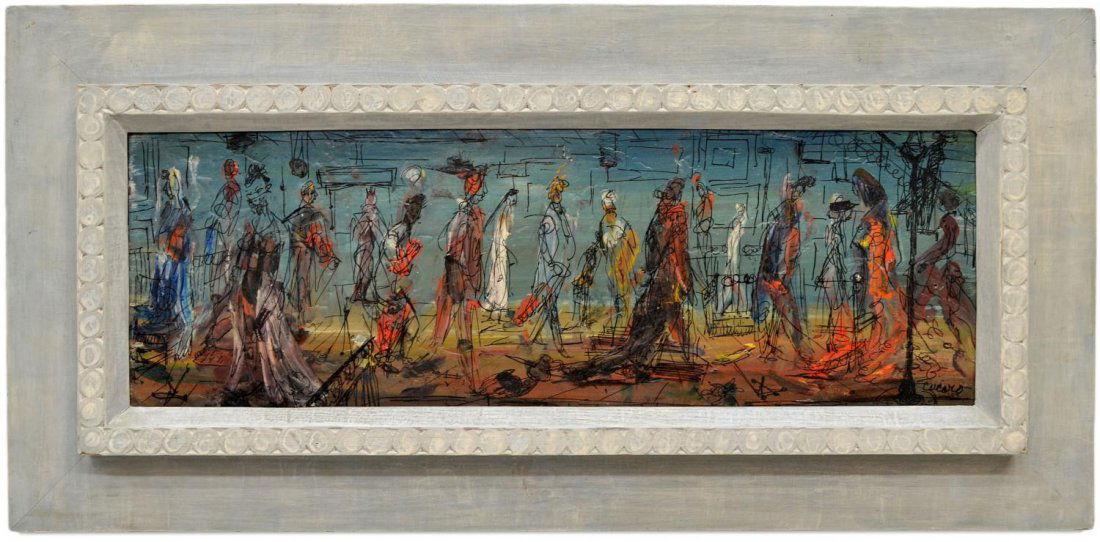 FRAMED ACRYLIC PAINTING, PASCAL CUCARO (1915-2004): Framed acrylic painting on masonite, "Back Stage", signed lower right Cucaro (Pascal Cucaro, California, 1915-2004), signed and titled verso, sight: 7.75"h, 23.5"w, overall: 15"h, 31"w, 6lbs Start Pri