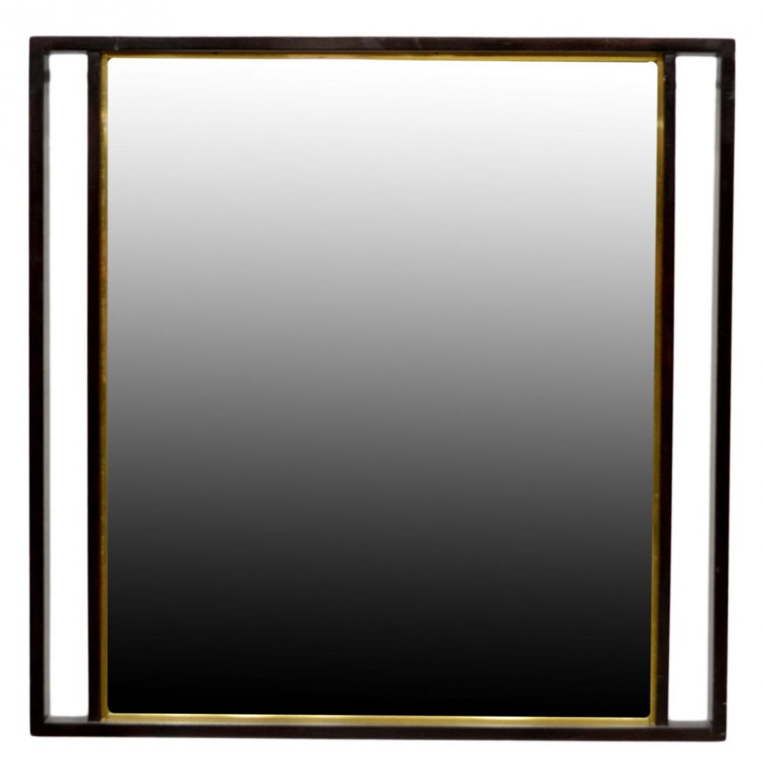 VINTAGE MODERN WALL MIRROR ATTRIBUTED TO DUNBAR: Modern mahogany wall mirror, possibly Edward Wormley for Dunbar, c. 1960, rectangular form with open sides, gilt brass trim, no label, some wear to edges, 33"h, w, 1.5"d, 27.5lbs Start Price: $100.00
